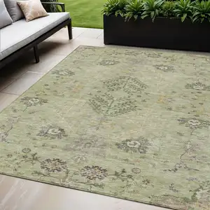 Photo of Artichoke Green Brown And Beige Floral Washable Indoor Outdoor Area Rug