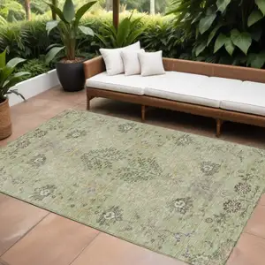 Photo of Artichoke Green Brown And Beige Floral Washable Indoor Outdoor Area Rug