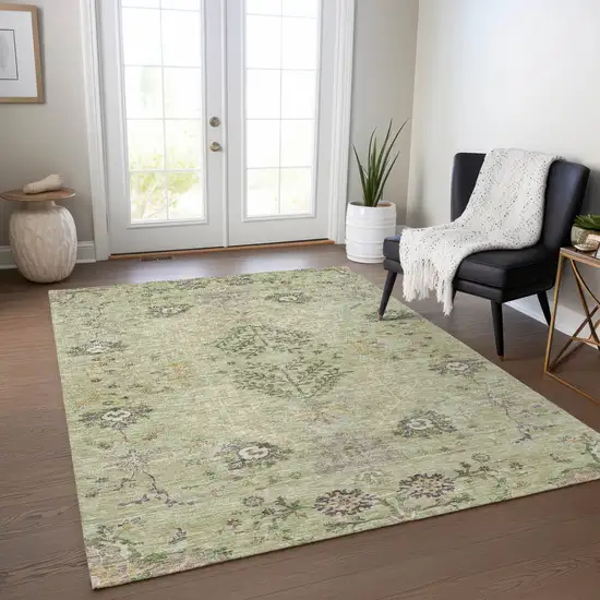 Artichoke Green Brown And Beige Floral Washable Indoor Outdoor Area Rug Photo 8