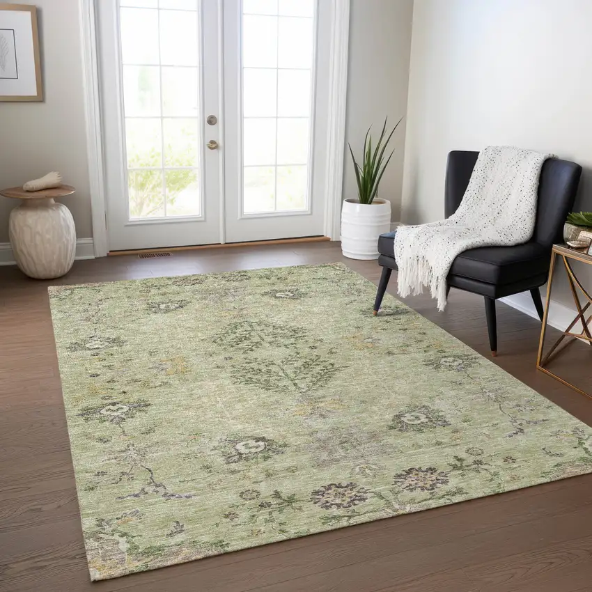 Artichoke Green Brown And Beige Floral Washable Indoor Outdoor Area Rug Photo 8