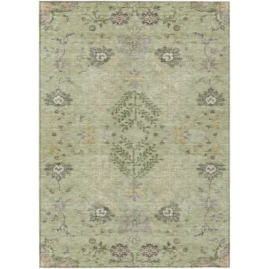 Artichoke Green Brown And Beige Floral Washable Indoor Outdoor Area Rug Photo 2