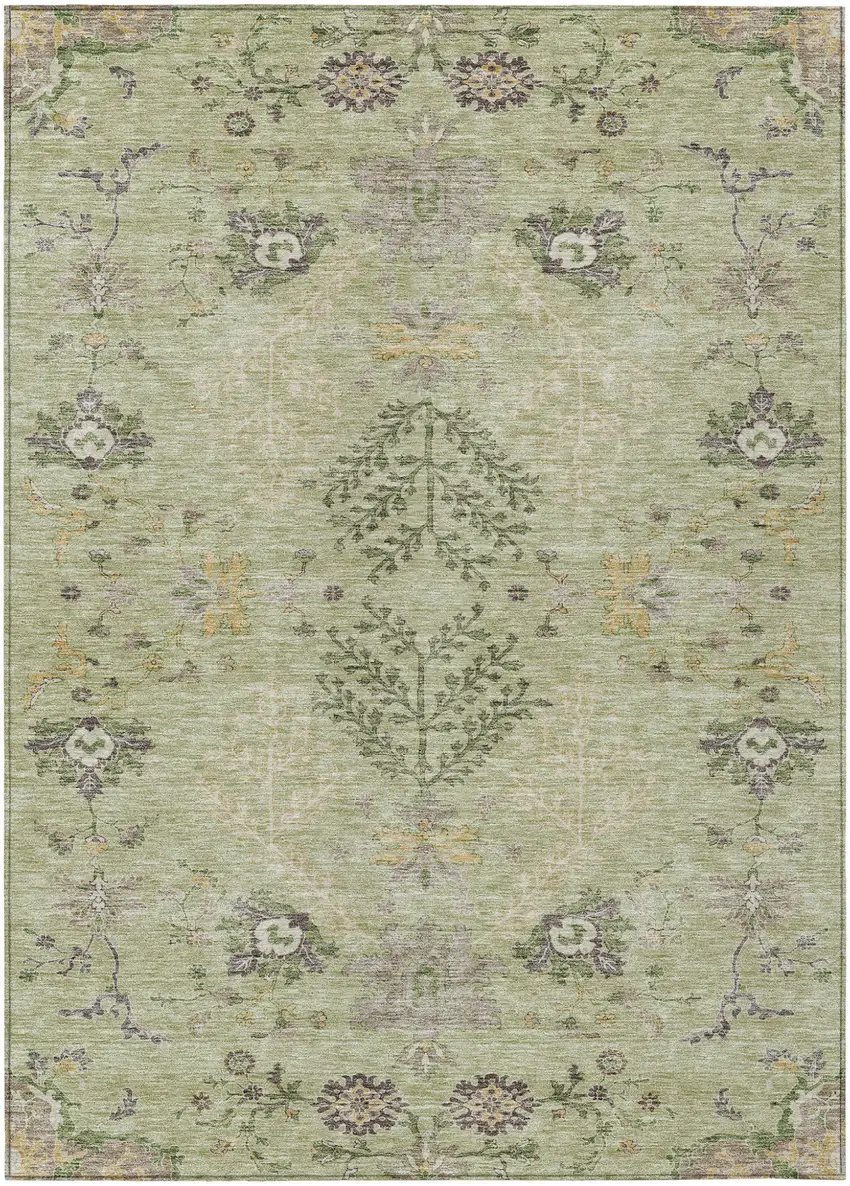 Artichoke Green Brown And Beige Floral Washable Indoor Outdoor Area Rug Photo 2