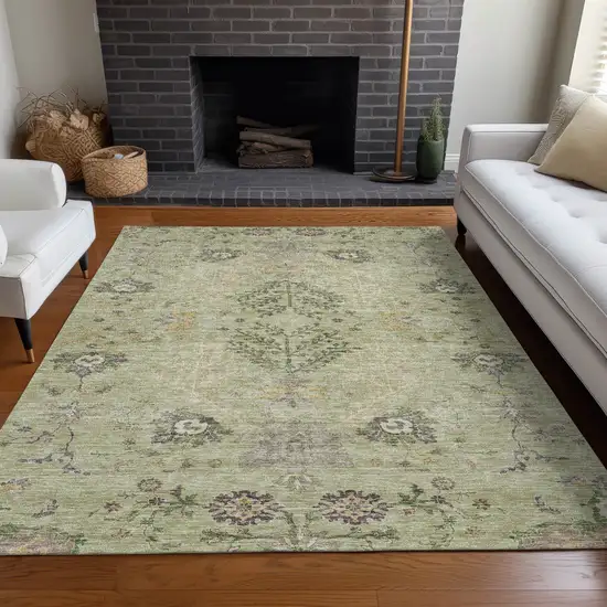 Artichoke Green Brown And Beige Floral Washable Indoor Outdoor Area Rug Photo 9
