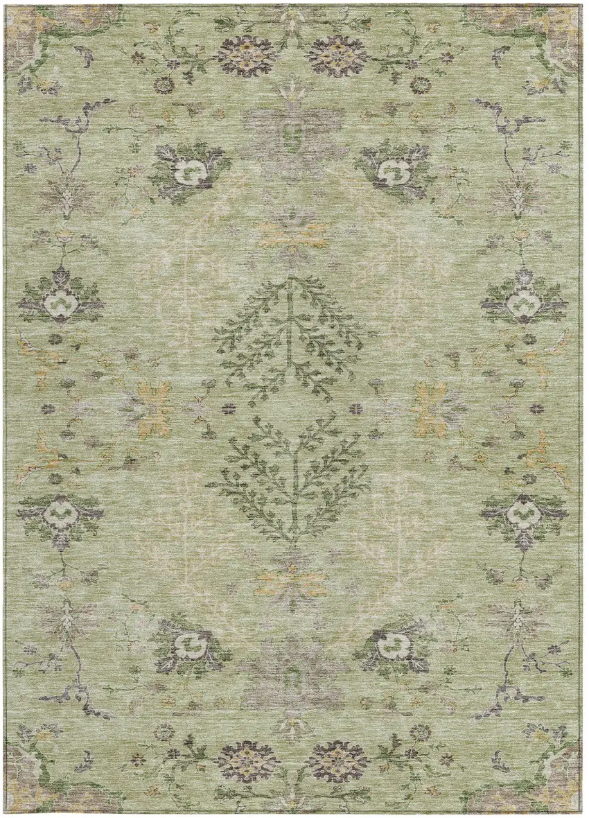 Artichoke Green Brown And Beige Floral Washable Indoor Outdoor Area Rug Photo 6