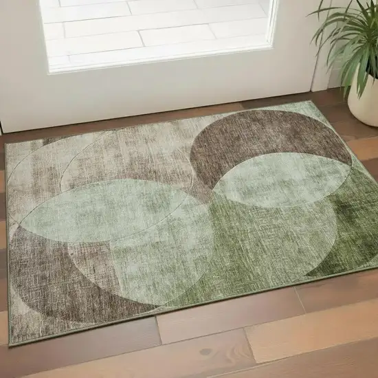 Artichoke Green Brown And Beige Geometric Washable Area Rug With UV Protection Photo 2