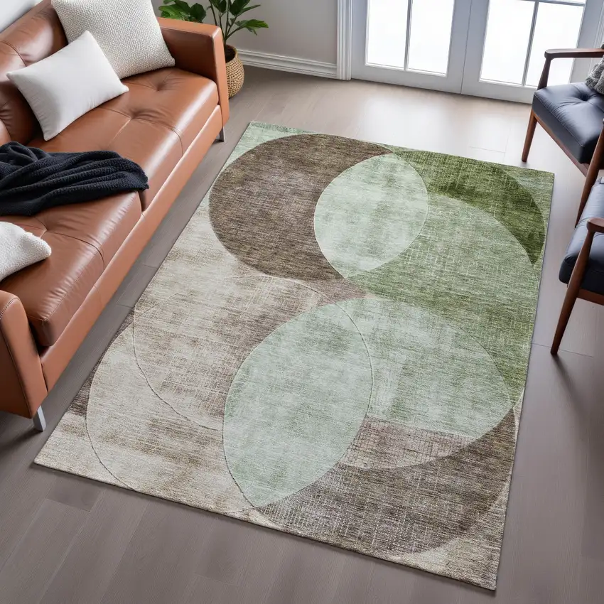 Artichoke Green Brown And Beige Geometric Washable Area Rug With UV Protection Photo 5
