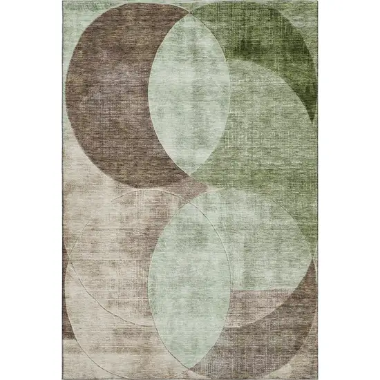 Artichoke Green Brown And Beige Geometric Washable Area Rug With UV Protection Photo 1