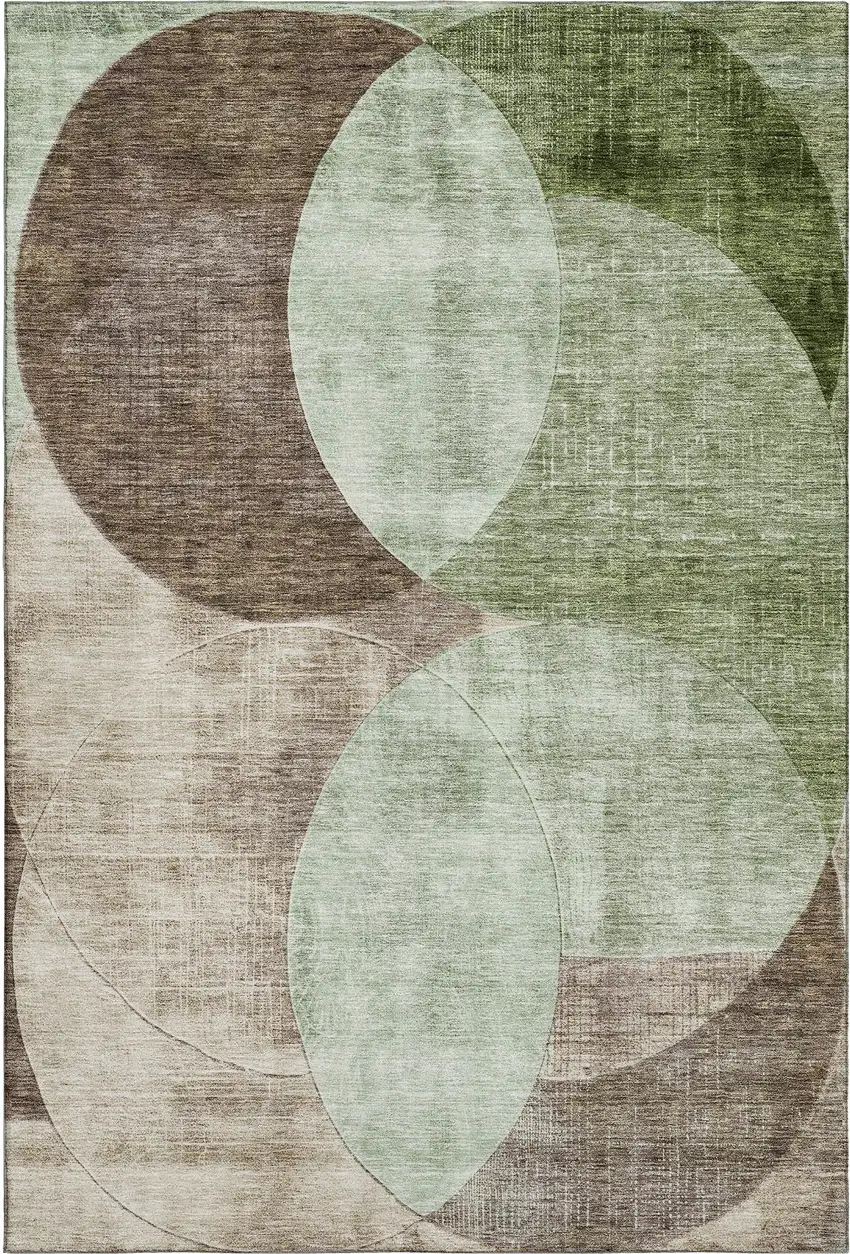 Artichoke Green Brown And Beige Geometric Washable Area Rug With UV Protection Photo 1