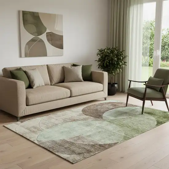 Artichoke Green Brown And Beige Geometric Washable Area Rug With UV Protection Photo 2