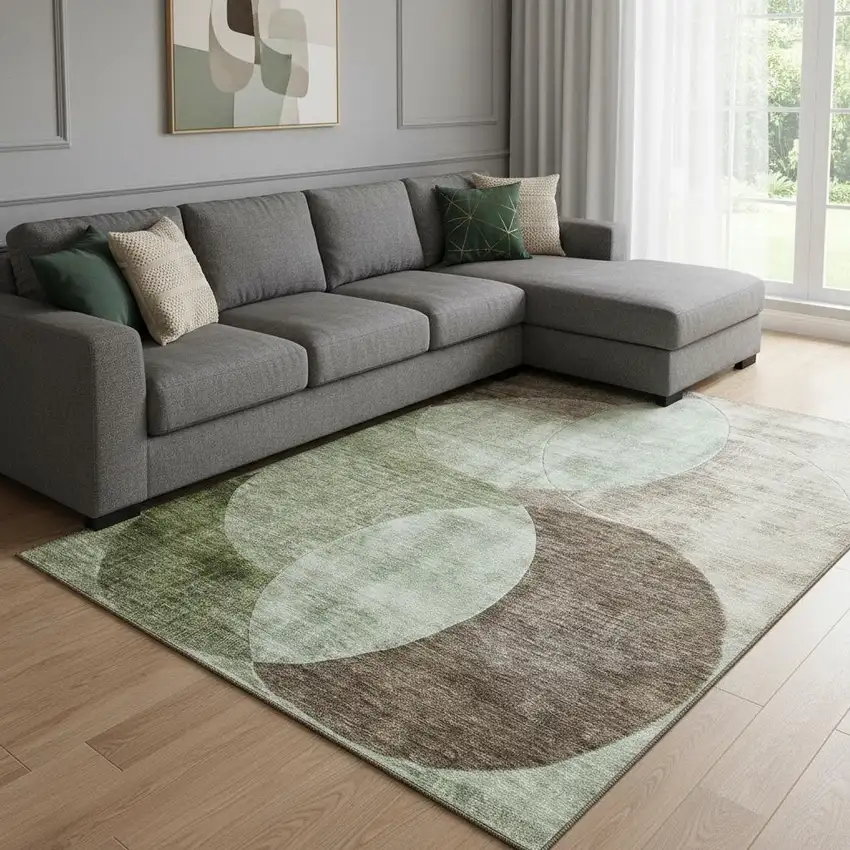 Artichoke Green Brown And Beige Geometric Washable Area Rug With UV Protection Photo 2