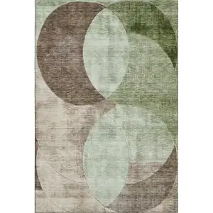 Photo of Artichoke Green Brown And Beige Geometric Washable Area Rug With UV Protection