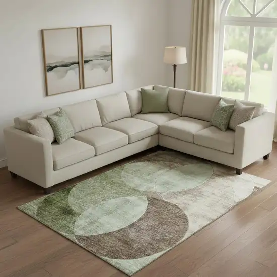 Artichoke Green Brown And Beige Geometric Washable Area Rug With UV Protection Photo 2