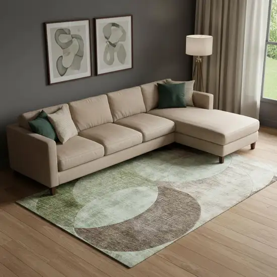 Artichoke Green Brown And Beige Geometric Washable Area Rug With UV Protection Photo 2