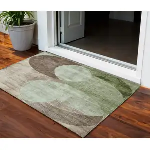 Photo of Artichoke Green Brown And Beige Geometric Washable Indoor Outdoor Area Rug