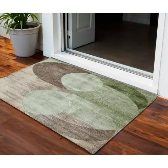 Artichoke Green Brown And Beige Geometric Washable Indoor Outdoor Area Rug Photo 1