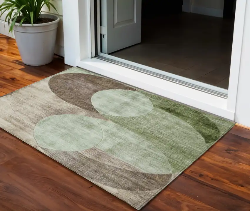 Artichoke Green Brown And Beige Geometric Washable Indoor Outdoor Area Rug Photo 1