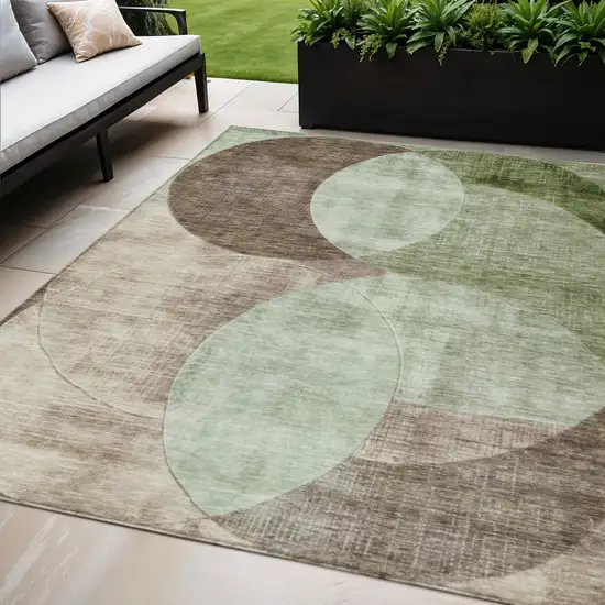 Artichoke Green Brown And Beige Geometric Washable Indoor Outdoor Area Rug Photo 1