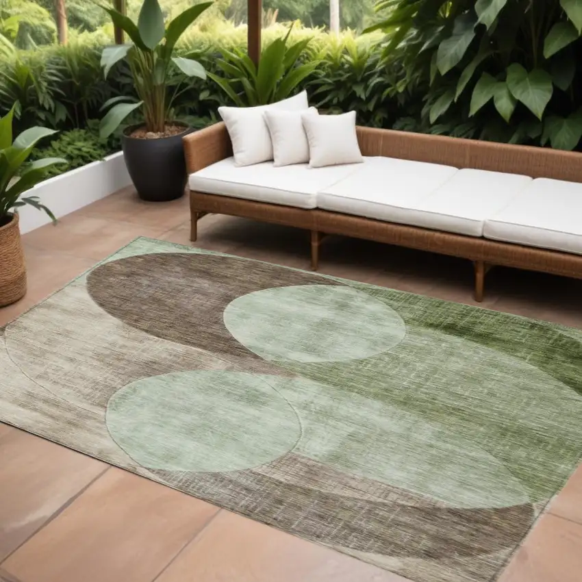 Artichoke Green Brown And Beige Geometric Washable Indoor Outdoor Area Rug Photo 1