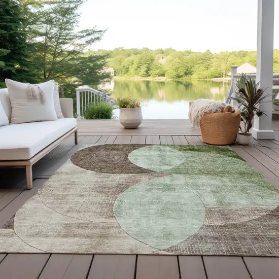 Artichoke Green Brown And Beige Geometric Washable Indoor Outdoor Area Rug Photo 7