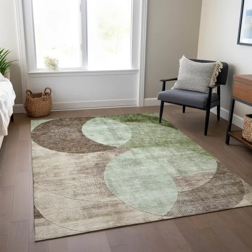 Artichoke Green Brown And Beige Geometric Washable Indoor Outdoor Area Rug Photo 9