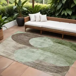 Photo of Artichoke Green Brown And Beige Geometric Washable Indoor Outdoor Area Rug