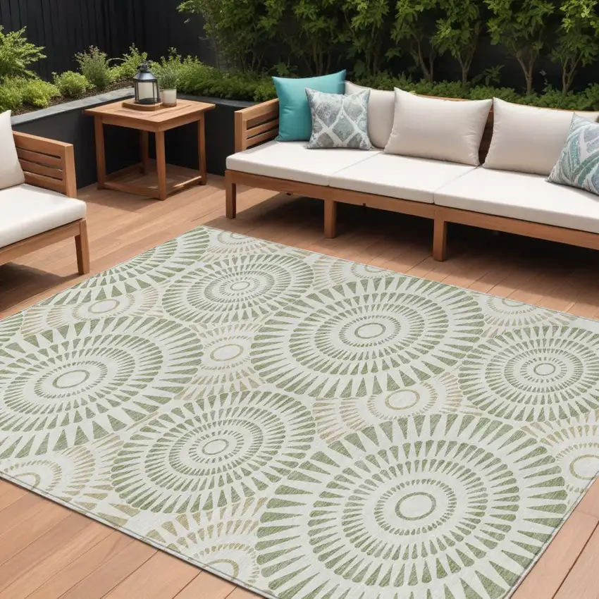 Artichoke Green Brown And Beige Geometric Washable Indoor Outdoor Area Rug Photo 1