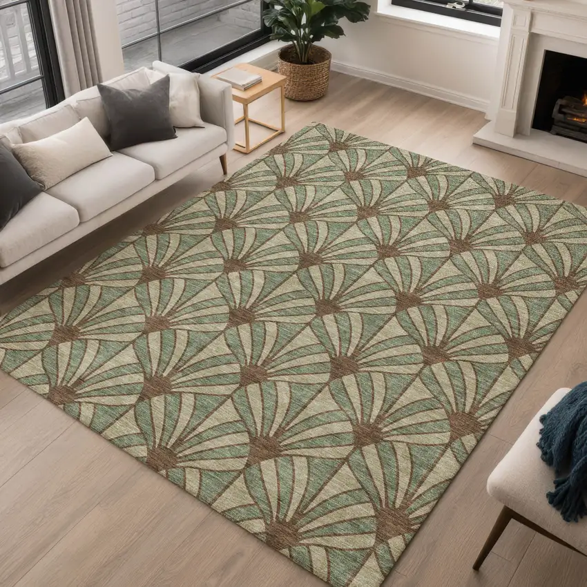 Artichoke Green Brown And Beige Seashell Washable Indoor Outdoor Area Rug Photo 5