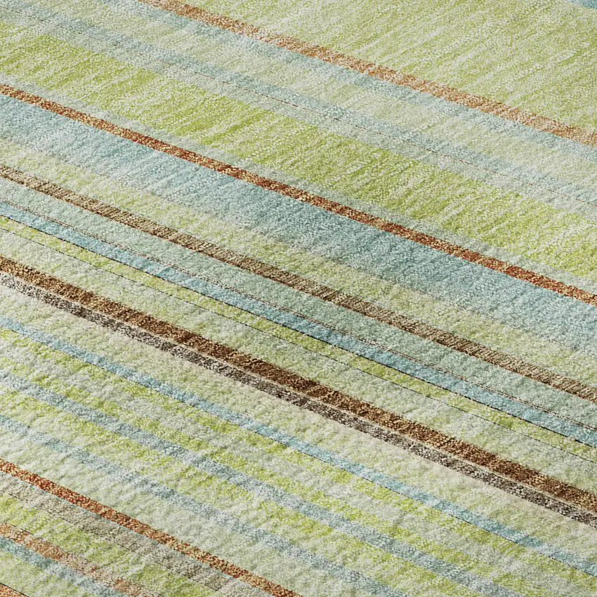 Artichoke Green Brown And Beige Striped Washable Area Rug With UV Protection Photo 1