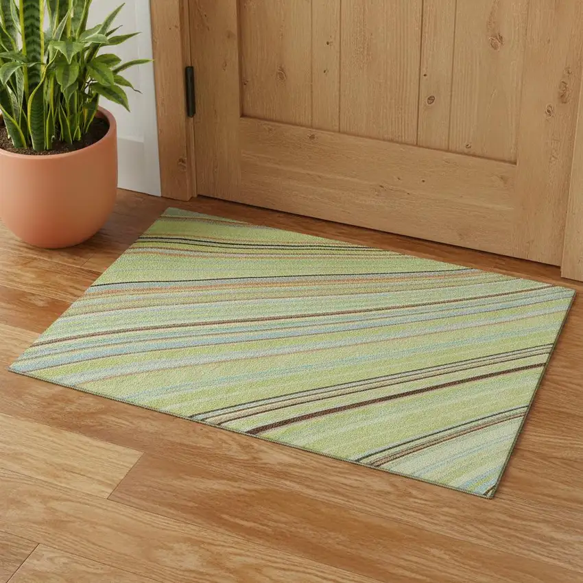 Artichoke Green Brown And Beige Striped Washable Area Rug With UV Protection Photo 1