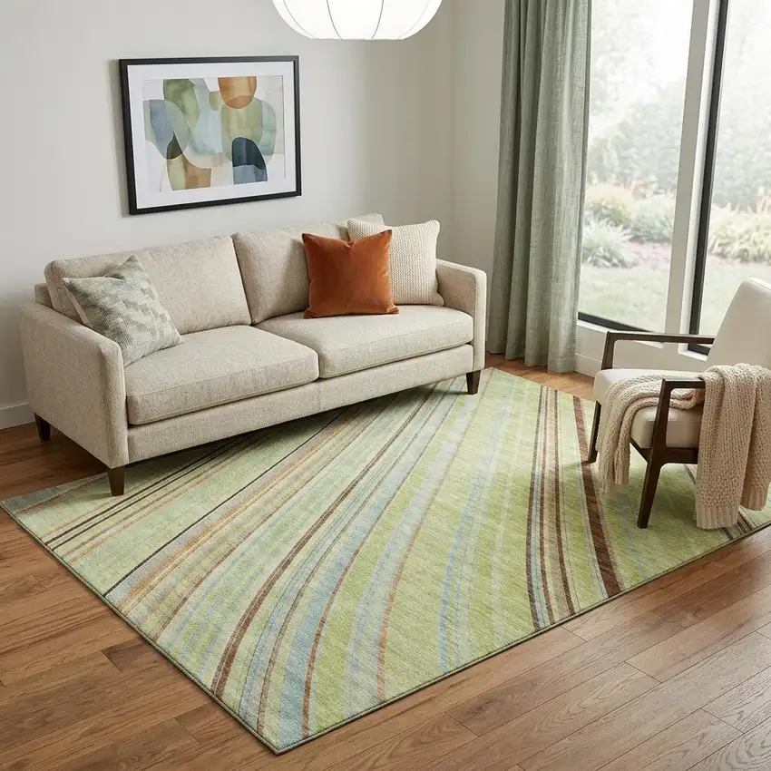 Artichoke Green Brown And Beige Striped Washable Area Rug With UV Protection Photo 1