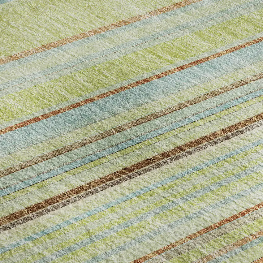 Artichoke Green Brown And Beige Striped Washable Area Rug With UV Protection Photo 3