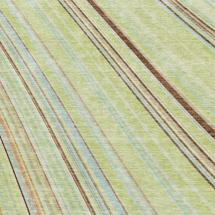 Artichoke Green Brown And Beige Striped Washable Area Rug With UV Protection Photo 3