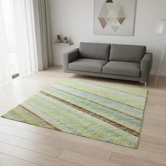 Artichoke Green Brown And Beige Striped Washable Area Rug With UV Protection Photo 2