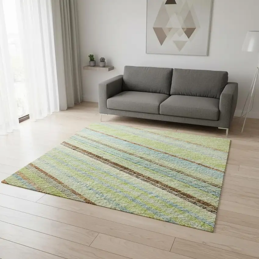 Artichoke Green Brown And Beige Striped Washable Area Rug With UV Protection Photo 2