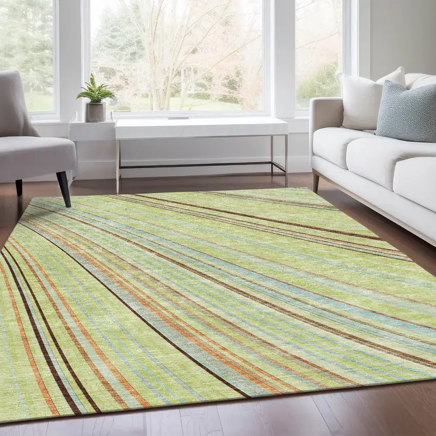 Artichoke Green Brown And Beige Striped Washable Area Rug With UV Protection Photo 5