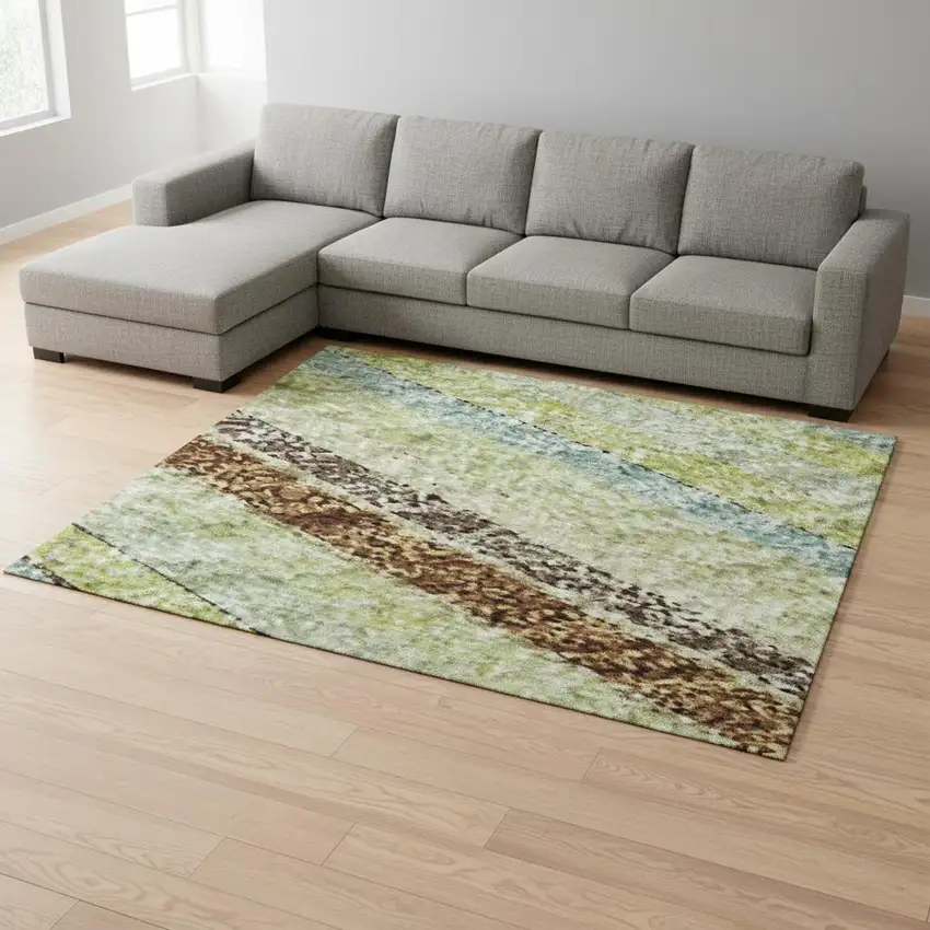 Artichoke Green Brown And Beige Striped Washable Area Rug With UV Protection Photo 2