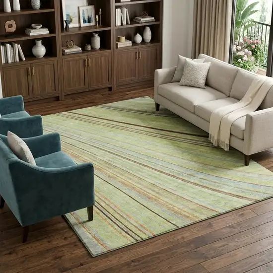 Artichoke Green Brown And Beige Striped Washable Area Rug With UV Protection Photo 1