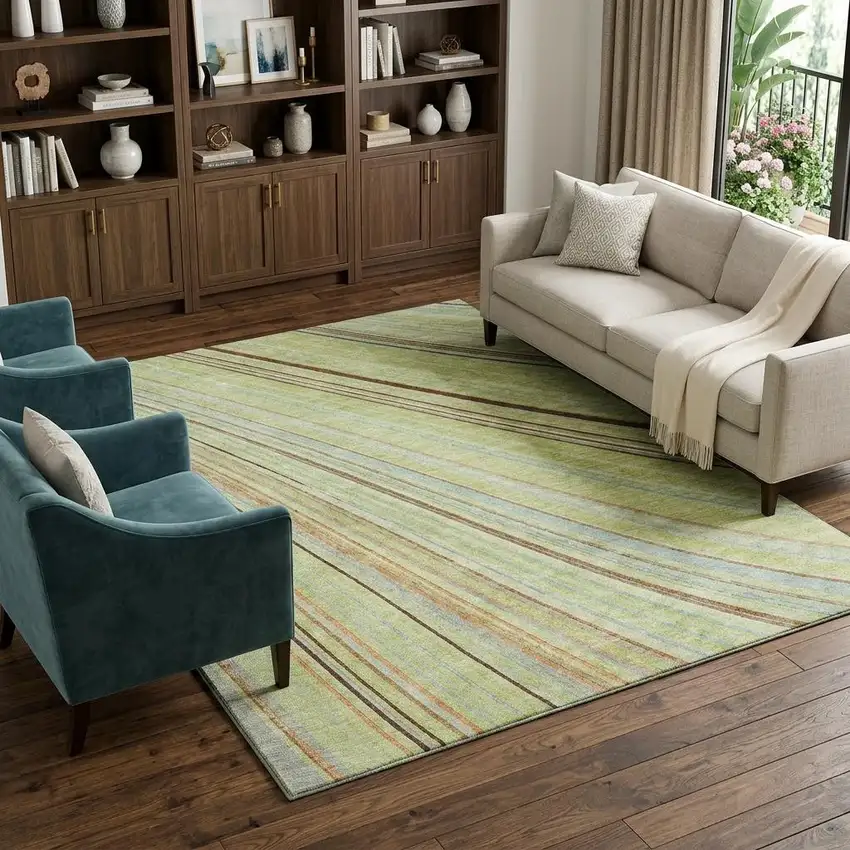 Artichoke Green Brown And Beige Striped Washable Area Rug With UV Protection Photo 1