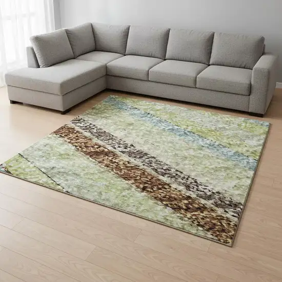 Artichoke Green Brown And Beige Striped Washable Area Rug With UV Protection Photo 2