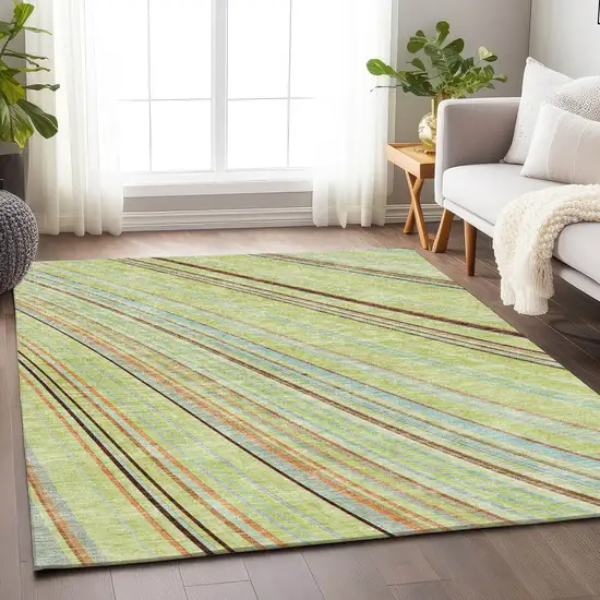 Artichoke Green Brown And Beige Striped Washable Area Rug With UV Protection Photo 4