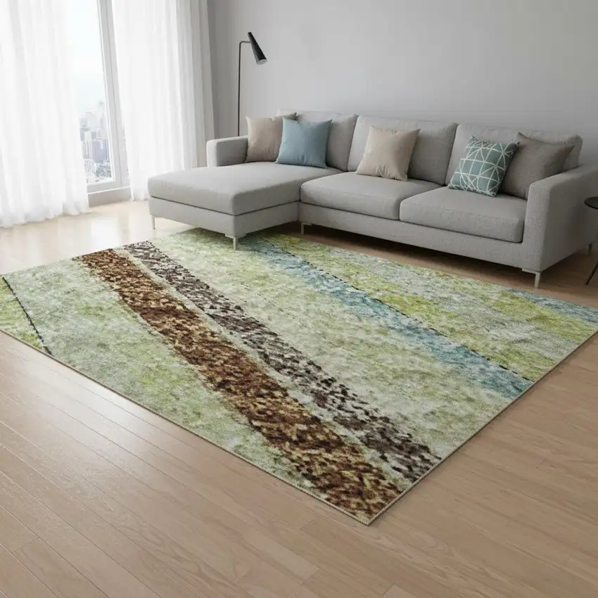 Artichoke Green Brown And Beige Striped Washable Area Rug With UV Protection Photo 2