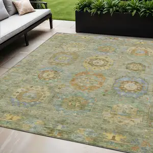 Photo of Artichoke Green Brown And Copper Medallion Washable Indoor Outdoor Area Rug
