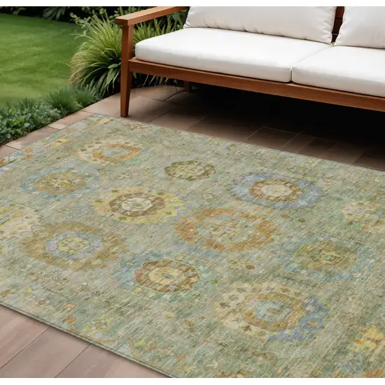 Artichoke Green Brown And Copper Medallion Washable Indoor Outdoor Area Rug Photo 1