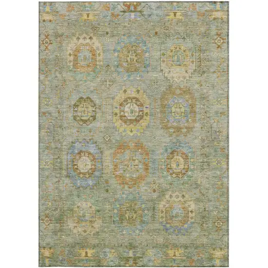 Artichoke Green Brown And Copper Medallion Washable Indoor Outdoor Area Rug Photo 4