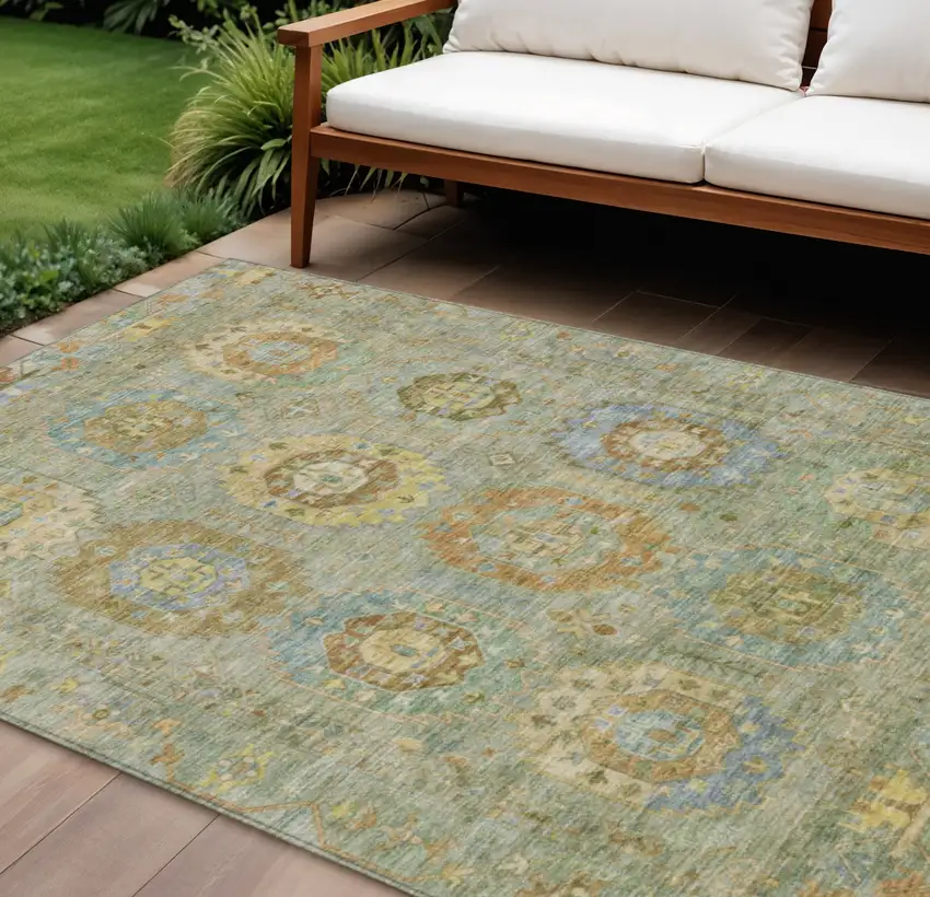Artichoke Green Brown And Copper Medallion Washable Indoor Outdoor Area Rug Photo 1