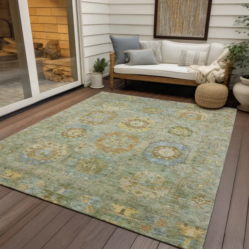 Artichoke Green Brown And Copper Medallion Washable Indoor Outdoor Area Rug Photo 9