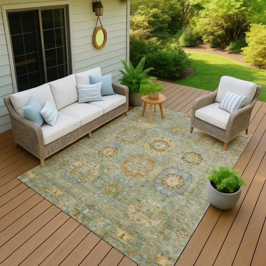 Artichoke Green Brown And Copper Medallion Washable Indoor Outdoor Area Rug Photo 7