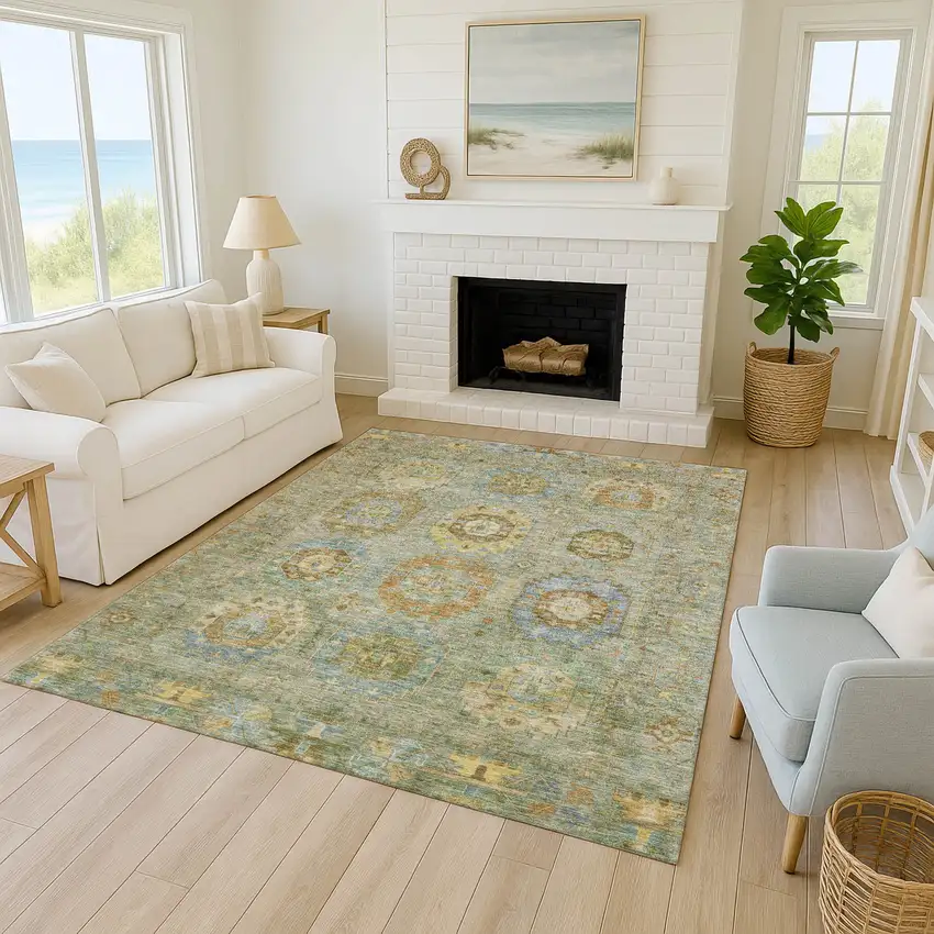 Artichoke Green Brown And Copper Medallion Washable Indoor Outdoor Area Rug Photo 8