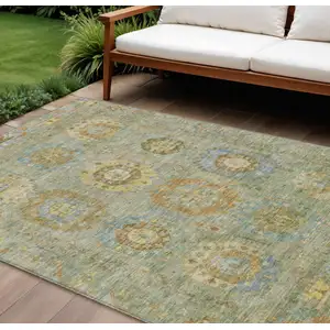 Photo of Artichoke Green Brown And Copper Medallion Washable Indoor Outdoor Area Rug