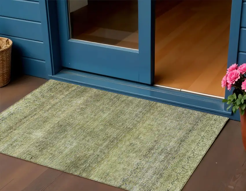 Artichoke Green Brown And Gray Striped Washable Indoor Outdoor Area Rug Photo 1